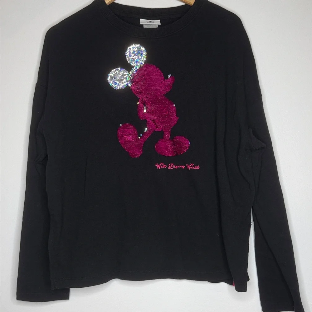 Disney World Mickey Mouse Reversible Sequin Sweatshirt small pink black - Picture 2 of 7
